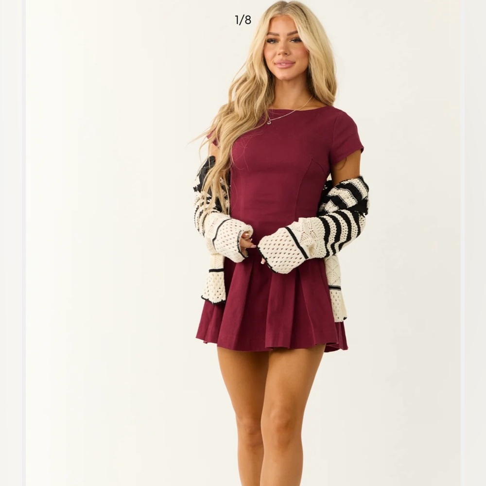 Wine Open Back Pleated Skirt Mini Dress